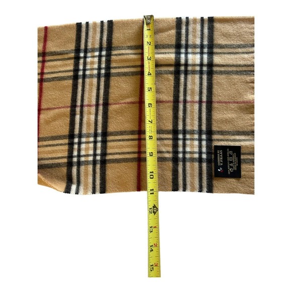 Cashmink by V Fraas Scarf Tan Black Plaid Scarf Fringe Soft Unisex 54” x 11” - Picture 3 of 7